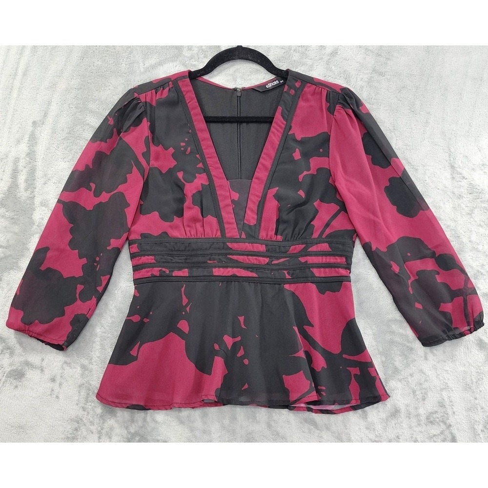 Eshakti Top Womens M-8 Pink Black Floral Georgette Peplum Blouse Back Zip Office
